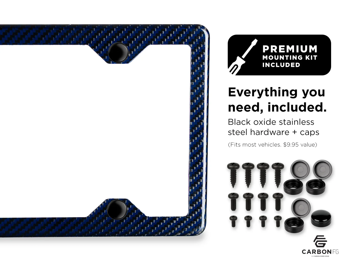 Carbon Fiber / Blue Aramid Fiber License Plate Frame - 4 Holes Minimal - Gloss Finish - Image 3