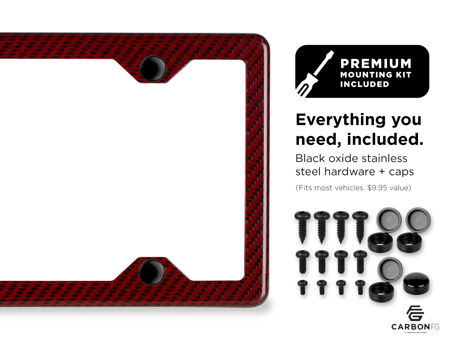 Carbon Fiber / Red Aramid Fiber License Plate Frame - 4 Holes Minimal - Gloss Finish - Image 3